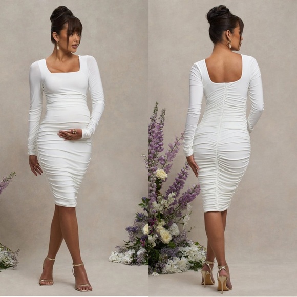 Club L London New Life White Maternity Square Neck Midi Dress Ruched Size 6 - Picture 1 of 6